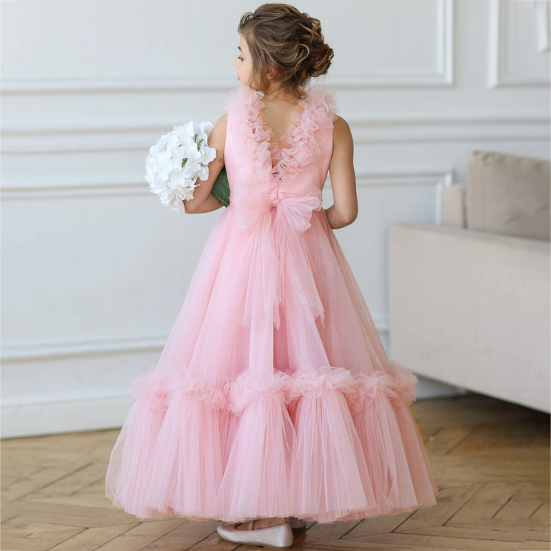 Elegant Girls Big Bow Dresses Fluffy Pink Tulle Birthday Ceremony Prom