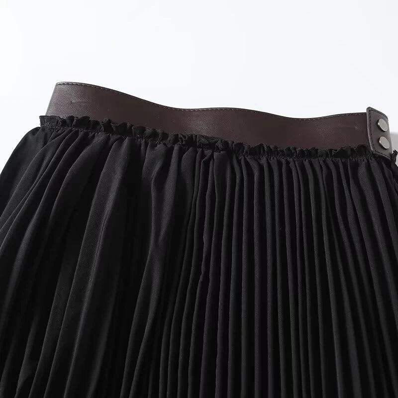 Women Leather Patchwork High Waist Pleated Skirt Lady Elegant Midi Skirts