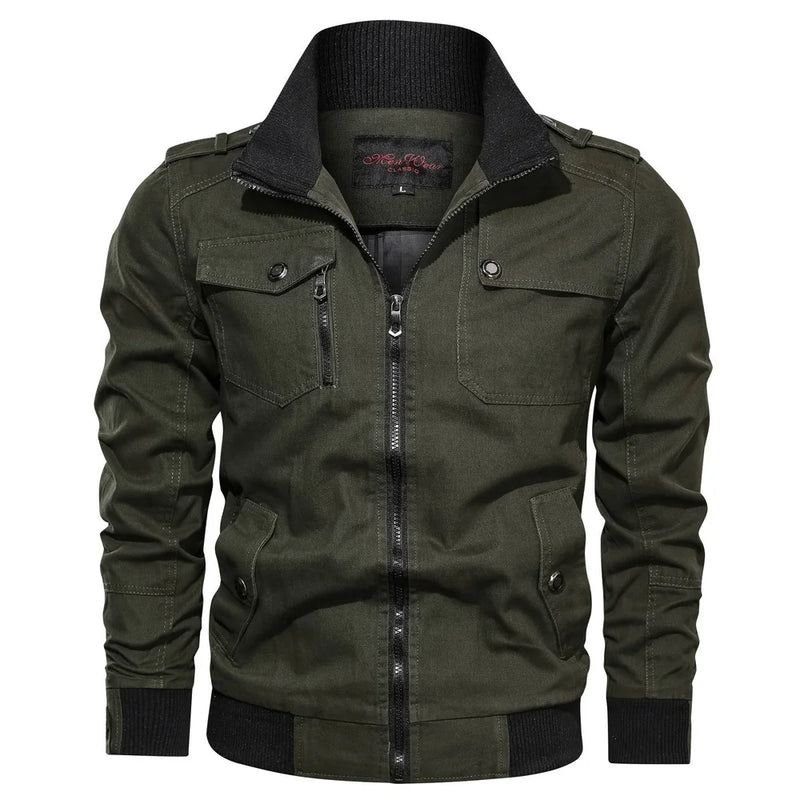 Casual Solid Jacket Zipper Pocket Stand Collar Coat Men's Pure Cotton Thin Autumn