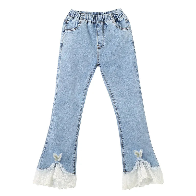 Spring Autumn Lace Flared Jeans for Kids Girls Elastic Waist Denim Pants