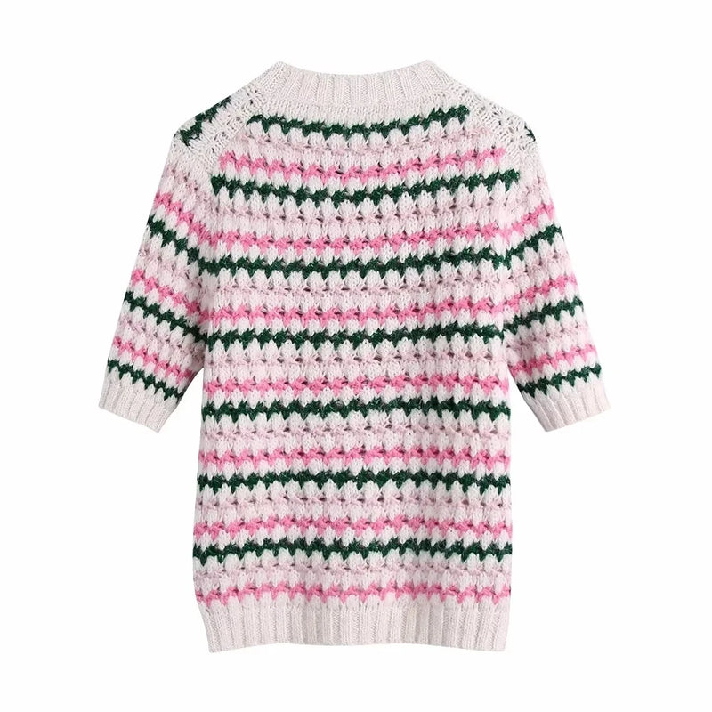 Vintage Striped Half Sleeve Women Pullovers Spring Casual Streetwear Straight Chic Knit Sweaters