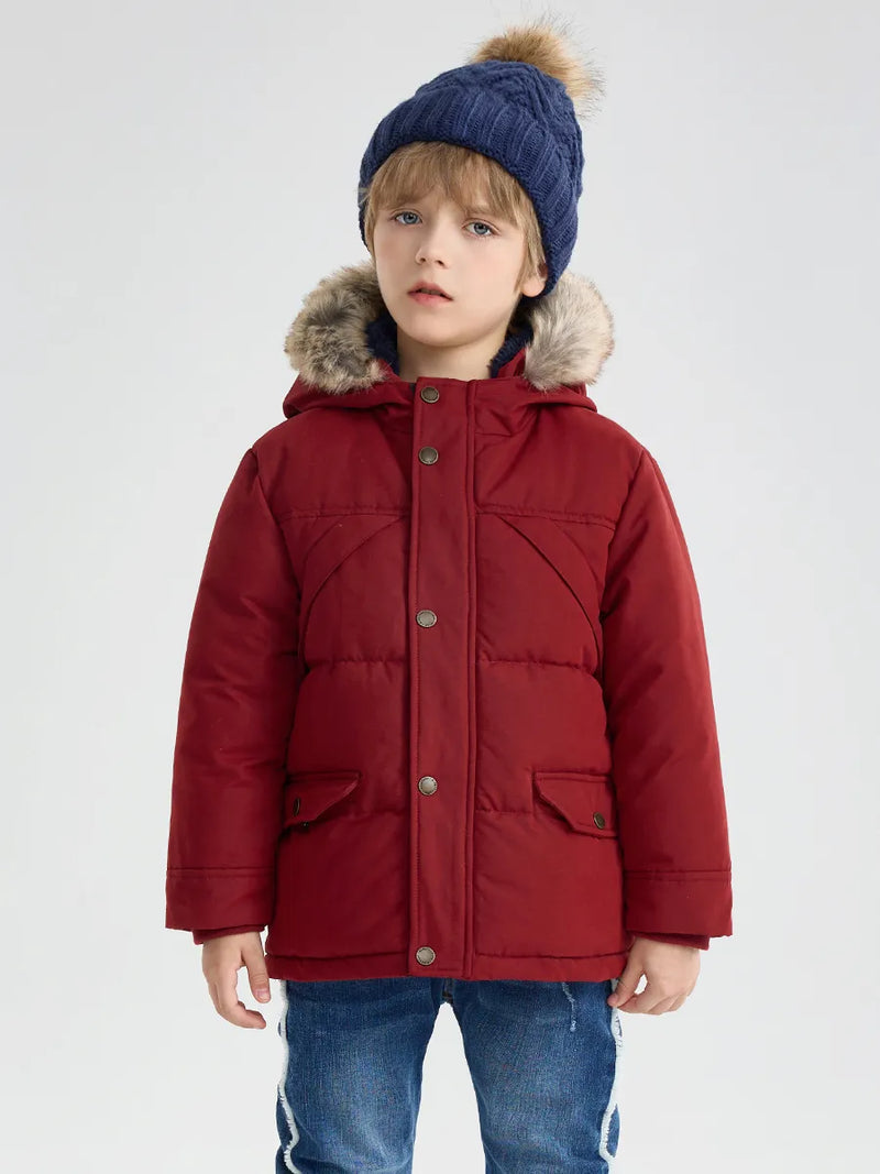 Little Boys Winter Jacket Toddler Kids Puffer Faux-Down Sherpa Lined Fur Hood Mid-Weight Water-Resistant Coat