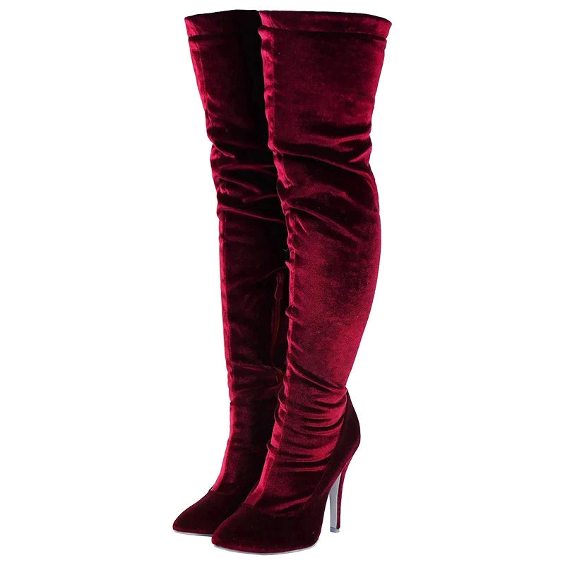 Velvet Long Boots For Women Spring Autumn Over Knee Shoes Toe Heels Elastic Thigh Boots