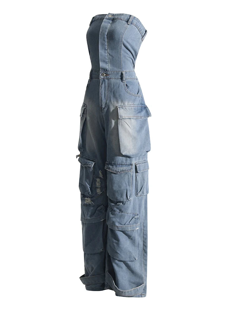 Women's Jumpsuit High Waist Strapless Pockets Solid Cargo Ripped Denim Pants Summer