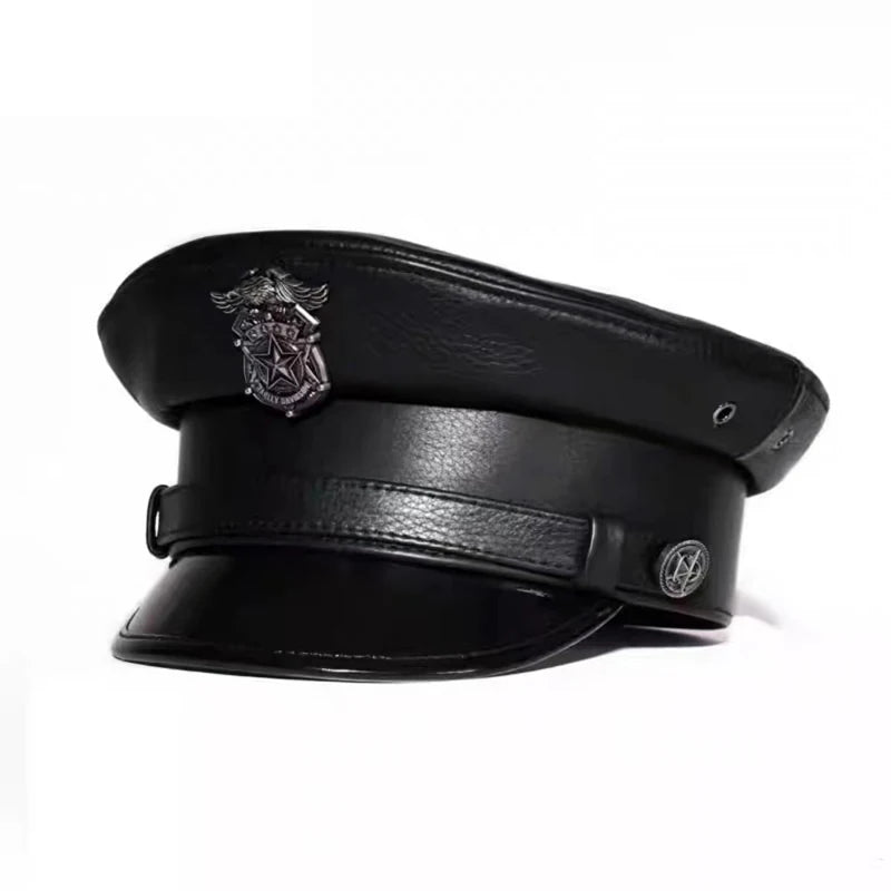 Leather Marine Captain Hat for Men Retro British German Short Brim Flat Top Military Caps Navy