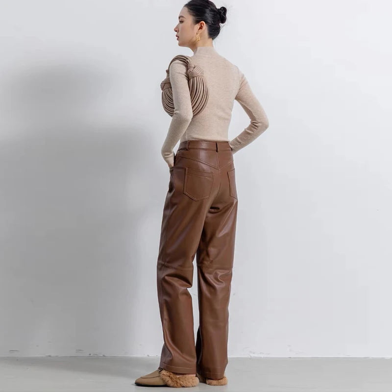 Pants Women Drape Casual Genuine Leather Trousers Pants Female