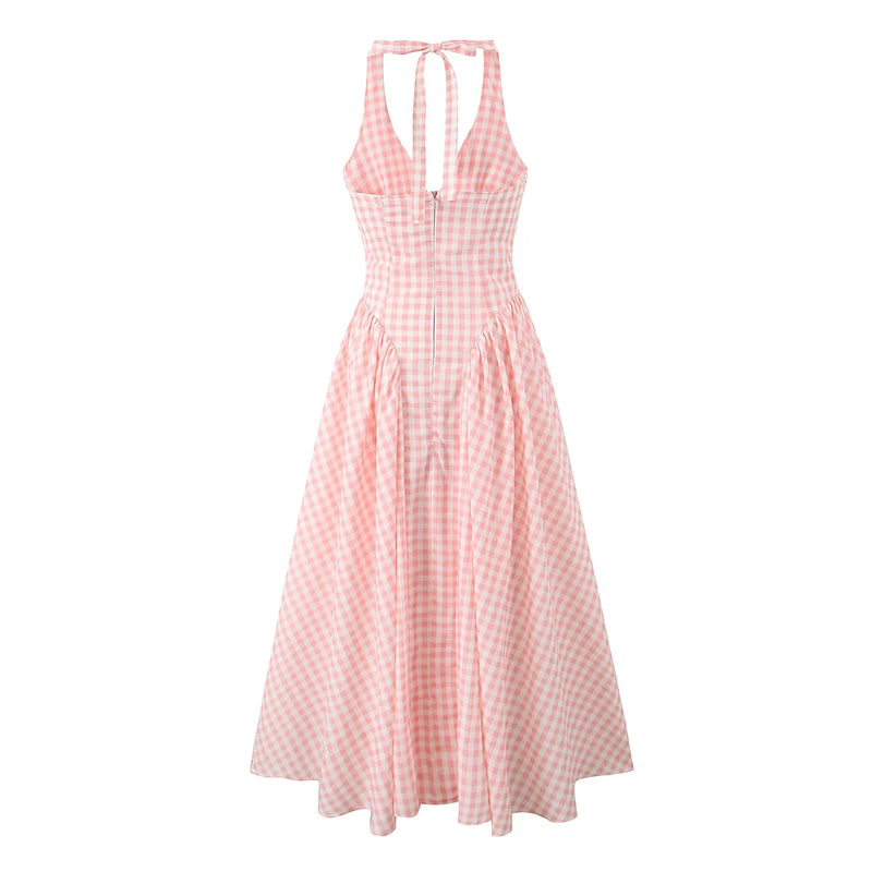 Holiday Plaid Bow Halter Sling Midi Dress Women Pleated Swing Backless Beach