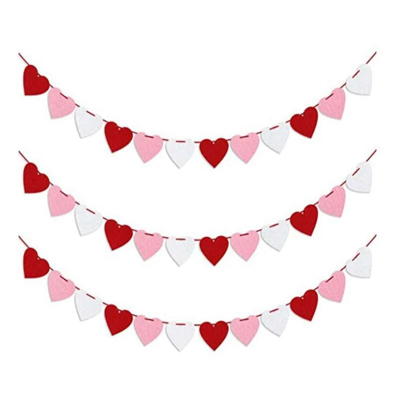 3pcs Red Hearts Felt Garland Banner Pull Flowers Valentine Wedding Birthday Party Decor