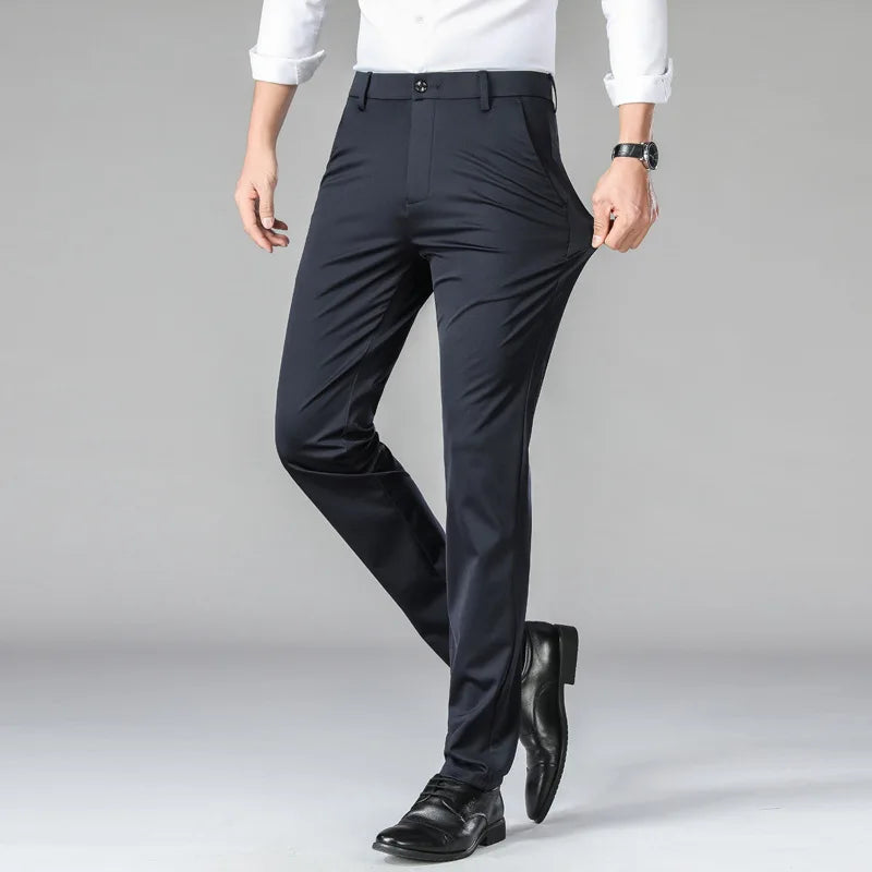 Men Spring Summer Dress Thin Suit Pants Elastic Straight Tube Loose Fit Casual