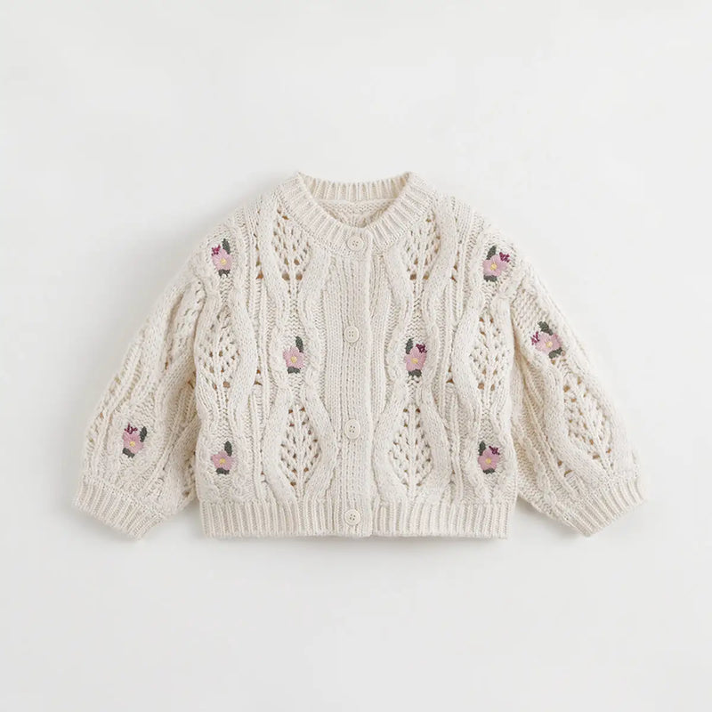 Girls Cherry Jacquard Knit Cardigan Kids Sweater for Autumn