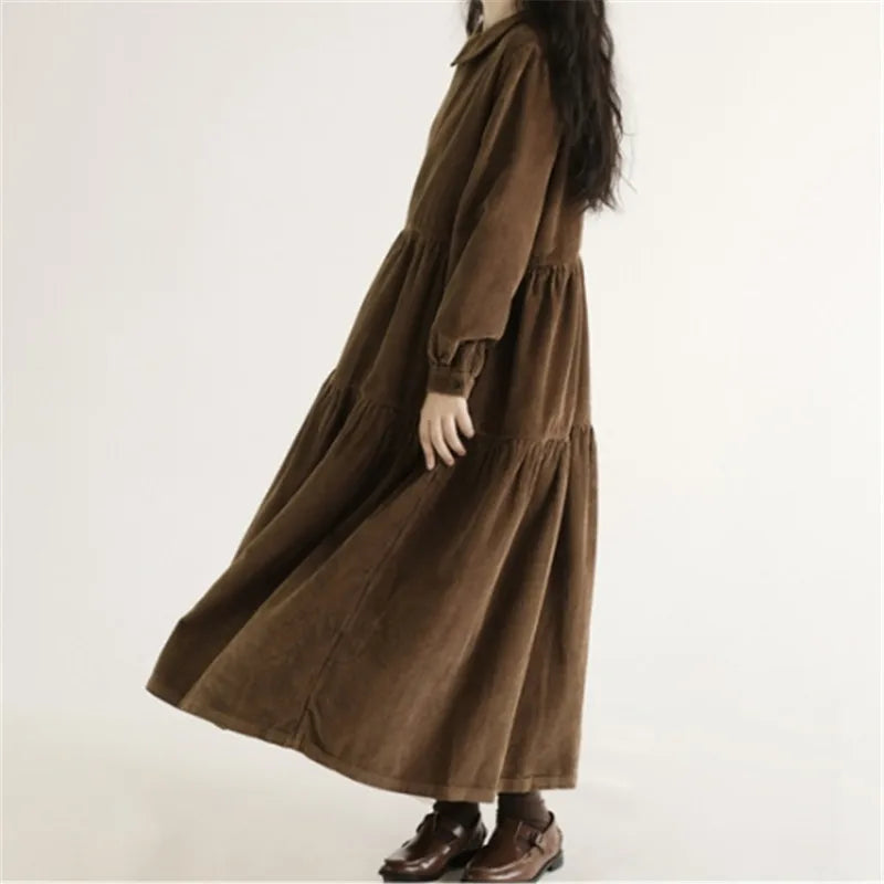 Autumn Winter Corduroy Dress Women Patchwork Vintage Pater Pan Collar A-line Dress Cute Long