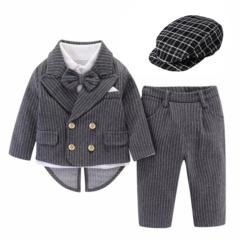 Baby Boy Tuxedo Clothing with Hat Spring Cotton Suit Newborn Birthday Dress