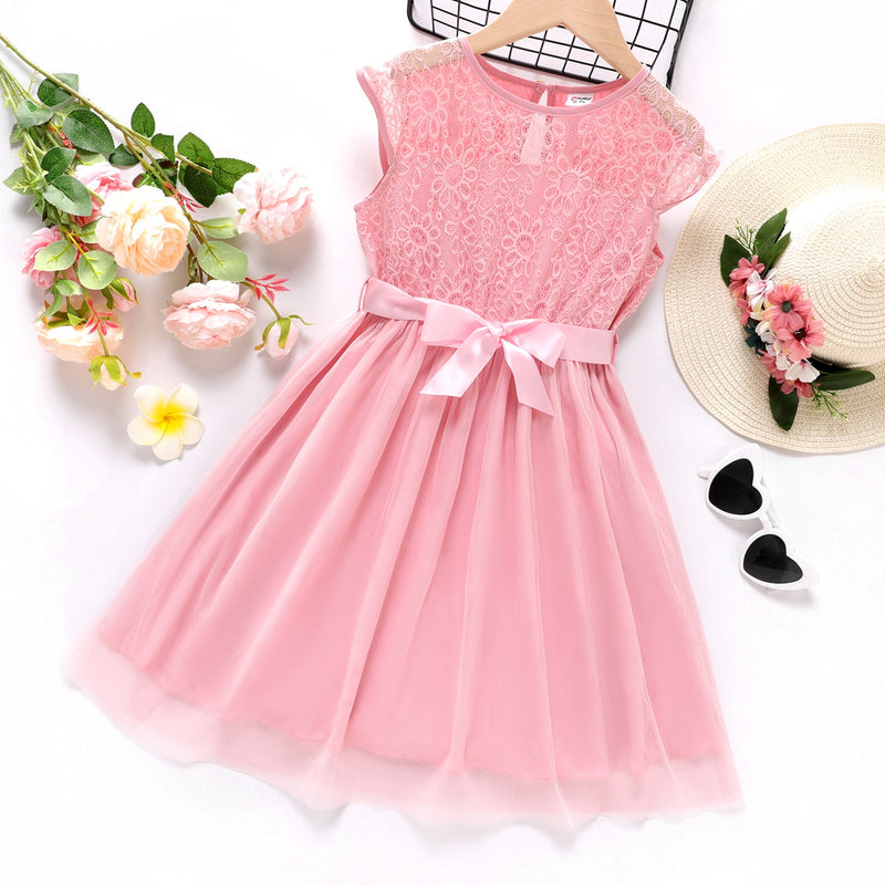 Kid Girl Guipure Lace Panel Flutter-sleeve Belted Dress