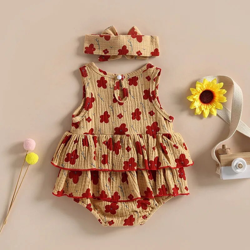 Summer Newborn Baby Girls Clothes Cotton Linen Floral Print Layered Sleeveless O-neck Rompers Jumpsuits Headband Outfits