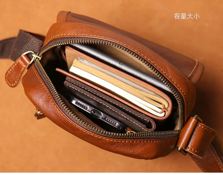 Leather Zipper Men's Shoulder Bag Natural Casual Satchel Man Retro Small Bag