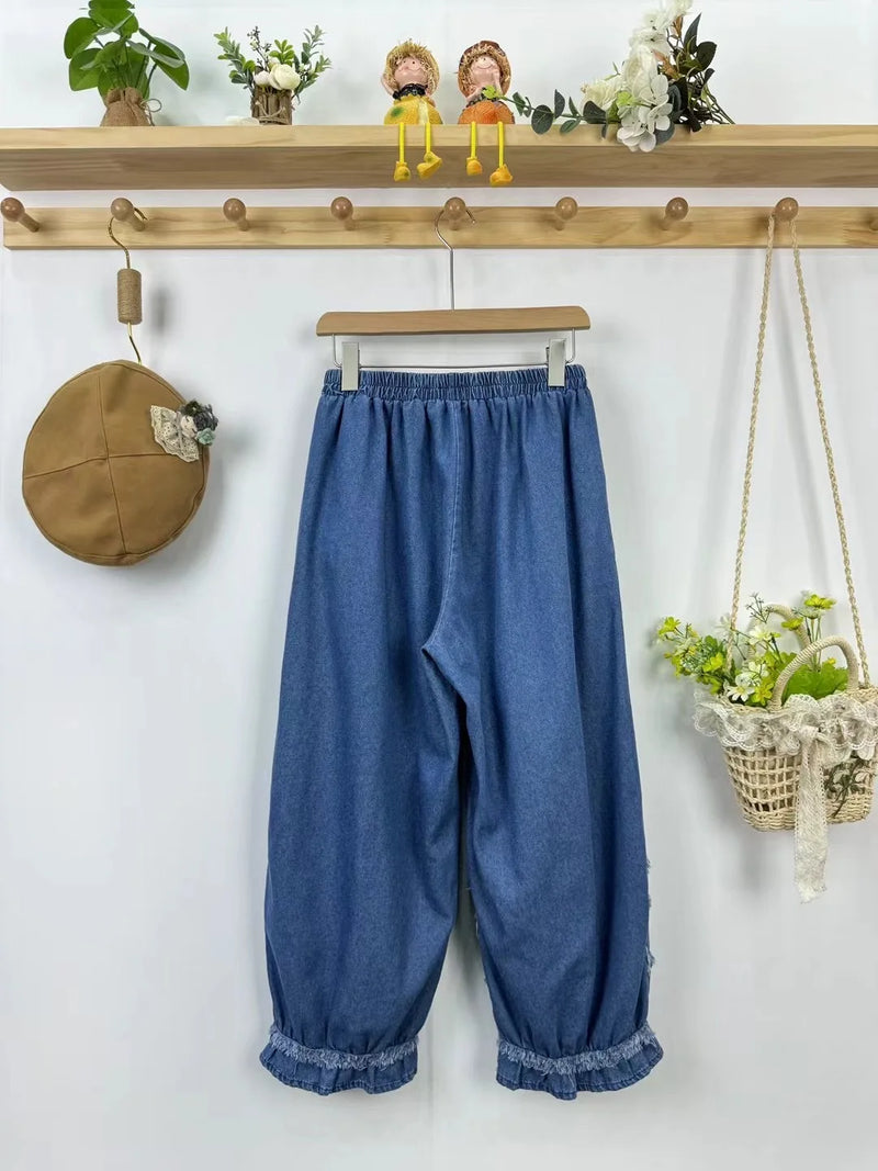 Summer Preppy Style Patchwork Denim Pants Women Elastic Waist Casual Pants