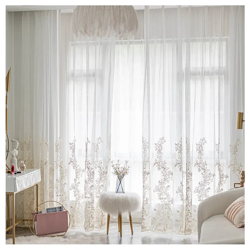 European Gold Thread Embroidery Lace Tulle Curtain Window Luxury Embroidery Sheer