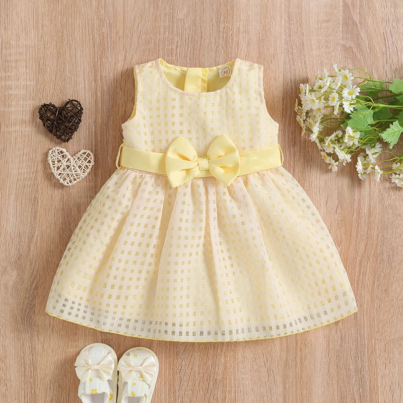 Princess Infant Baby Girls Party Dress Solid Plaid Sleeveless Sundress With Bowknot Belt