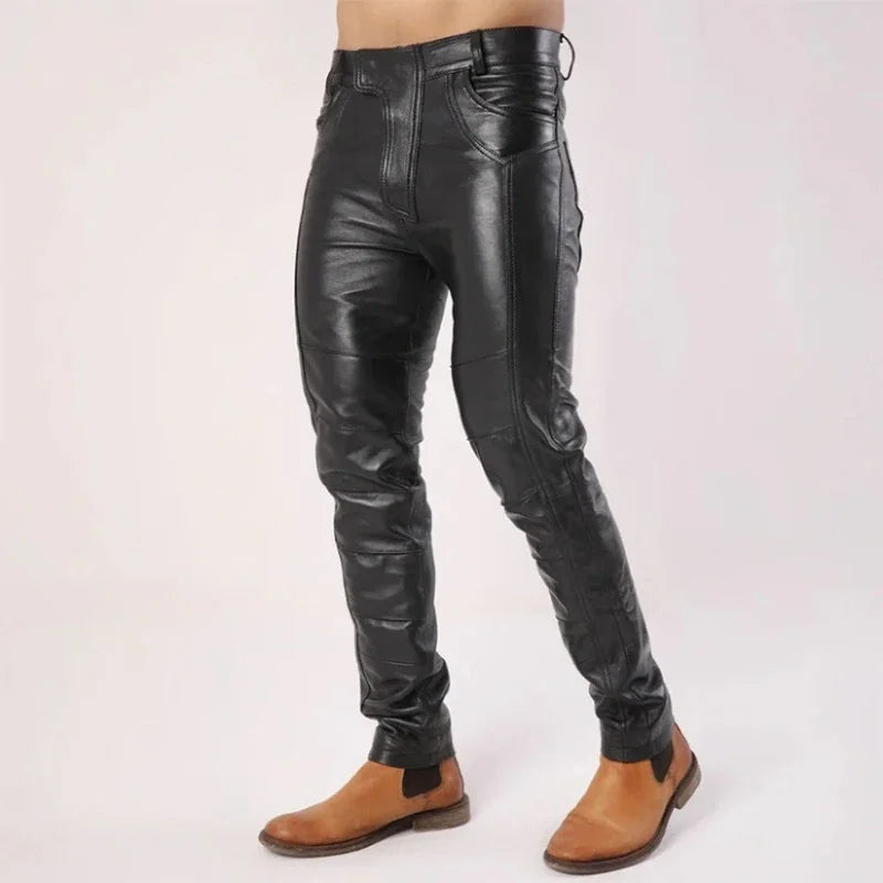 Men's Black Matte Faux Leather Splicing Pencil Pants Male Trousers