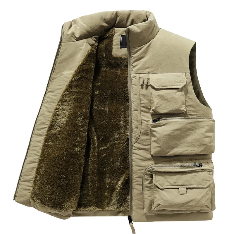 Men Winter Sleeveless Jacket Waistcoat Thick Warm Fleece Workear Cargo Vest Windbreaker Fashion Many Pocket Coat Men