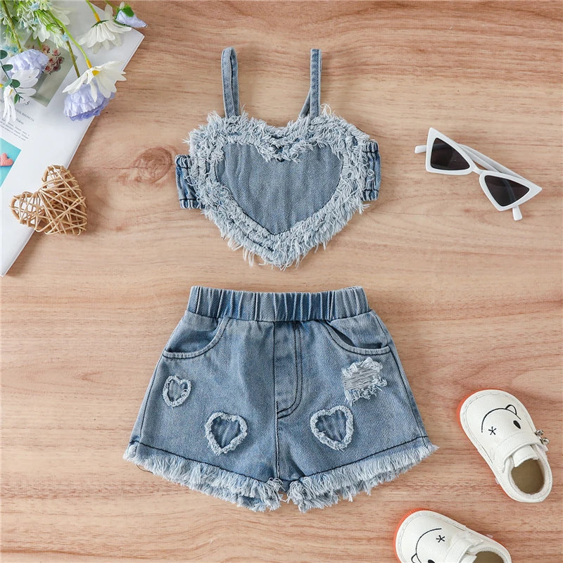 Summer Baby Clothing Set Sleeveless Heart Tank Top and Ripped Denim Shorts 0-24 Months Baby Clothes Newborn Baby Girls Outfits