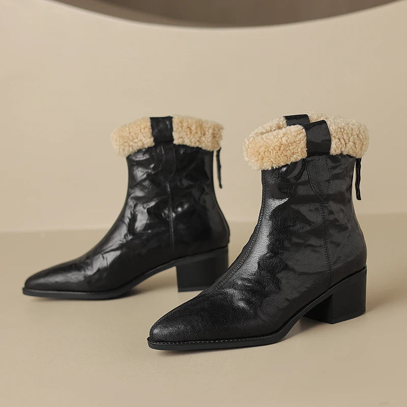 Women Ankle Boots Square Toe Short Boots Genuine leather Autumn Winter Wool Shoes