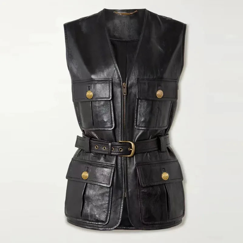 Genuine Leather Jacket Waistcoat Autumn Women Black  Zipper With Belt Vest Jacket Tops