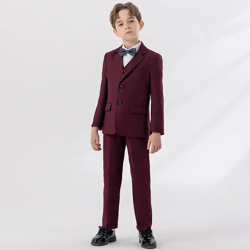 Child Autumn Formal Wine Red Suit Set Kids Performance Host Wedding Party Photography Costume Kids Blazer Vest Pants Bowtie