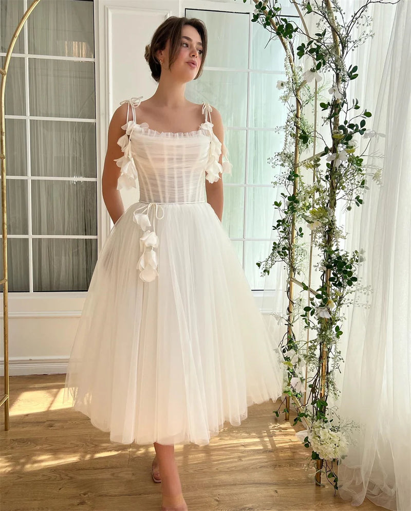 Princess White Tulle Wedding Dresses  with Flowers Elegant Ankle-length