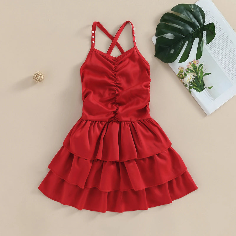 Summer Kids Girls Dress Spaghetti Straps Pleated Dress Party Red Clothes