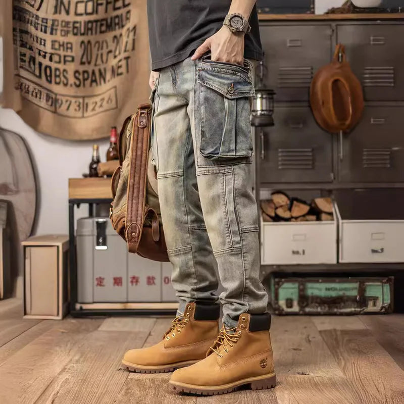 Spring and autumn retro cargo jeans men's stretch slim  straight cone casual pants