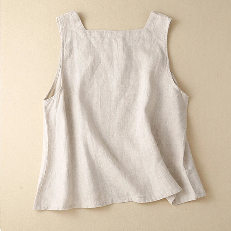 Linen Vest Women Square Neck Sleeveless Tank Tops Summer Tshirts