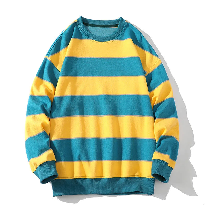 Spring Fall Striped Sweatshirt Contrast Color Patchwork O-neck Loose Casual Pullovers