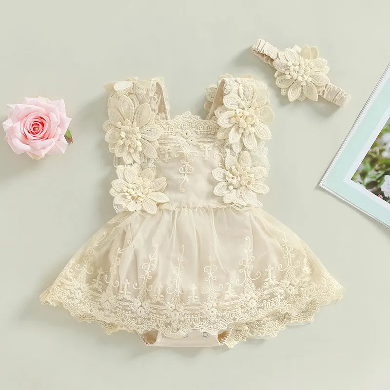 Princess Baby Girls Summer Rompers Dress Flower Elegant Jumpsuits Tulle Dress Headband Outfits