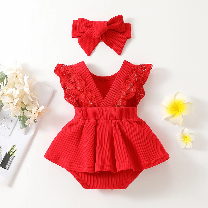 Baby Summer Clothing Infant Baby Girl Clothes Rib Lace Fly Sleeve Jumpsuit Romper Headband