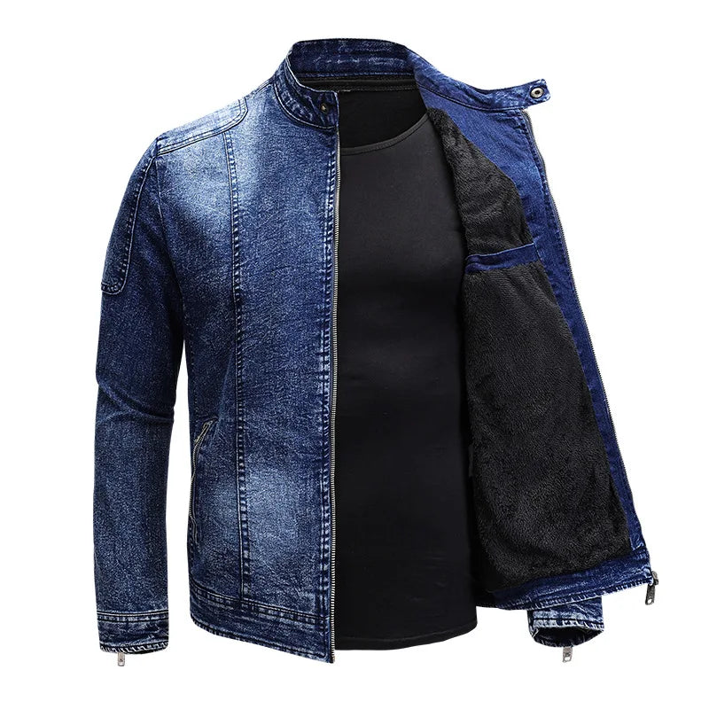 Fleece Denim Jacket Men Streetwear Motorcycle Biker Coats Slim fit Jackets Male Clothes