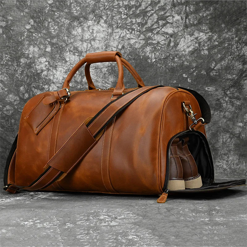 Vintage Men's Hand Luggage Bag Travel Bag With Shoe Pocket Genuine Leather Large Capacity Shoulder