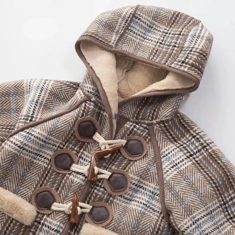 Autumn Winter Hooded Plaid Jacket for Girls Kids Outerwear Thicken Warm Fur Jackets Wool Coats