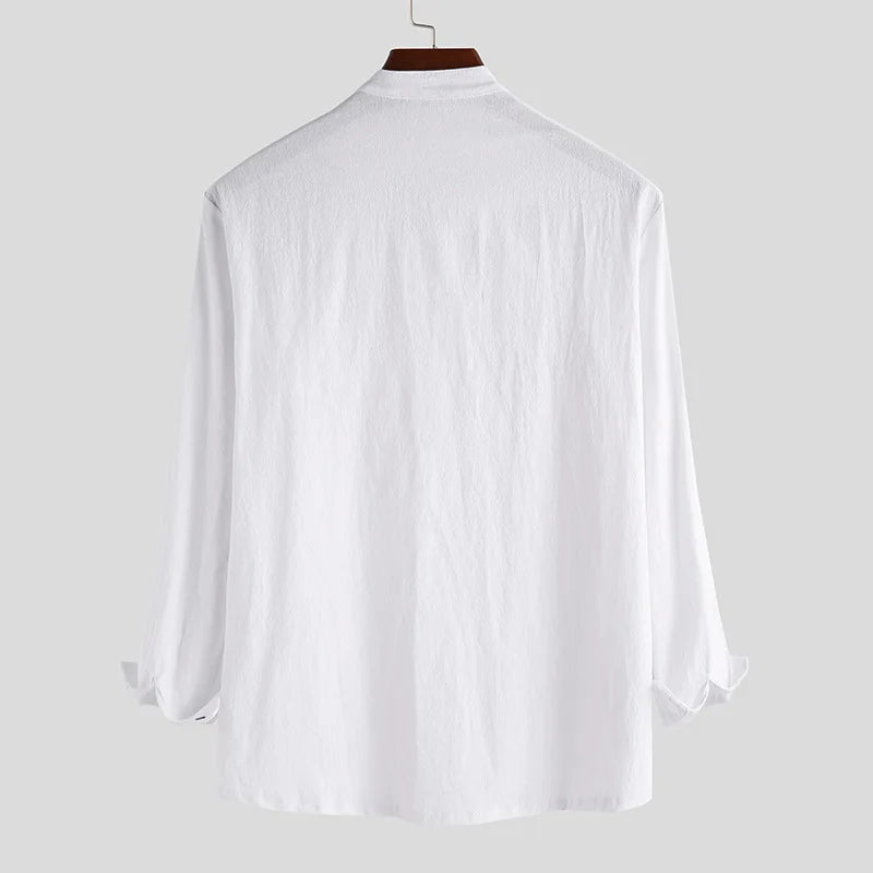 Men Casual Linen Shirts Solid White Loose Shirt Slim Pullover Shirts