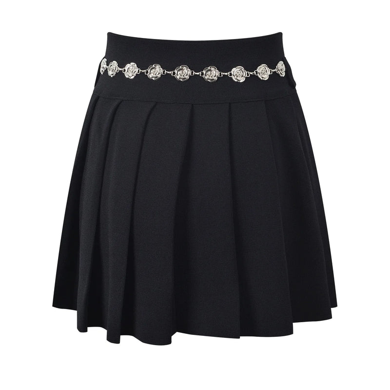 Pleated Women sKnitted Mini Skirt with Chain Belt