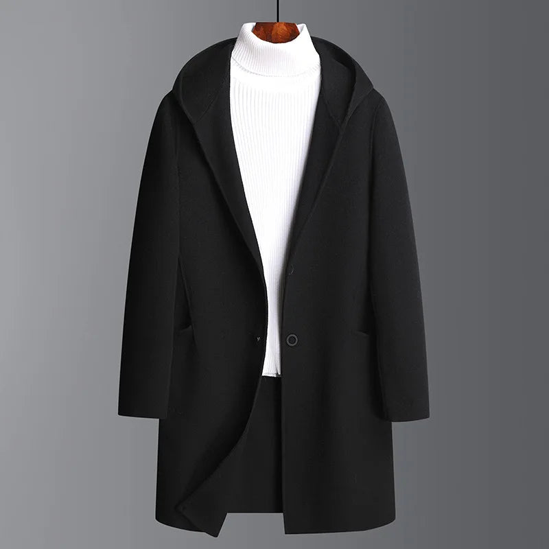 Men's Winter Coat Wool Overcoat Elegant Trench Coats Luxury Warm Hooded Jacket Long Blazer Casual Outerwear Windbreaker