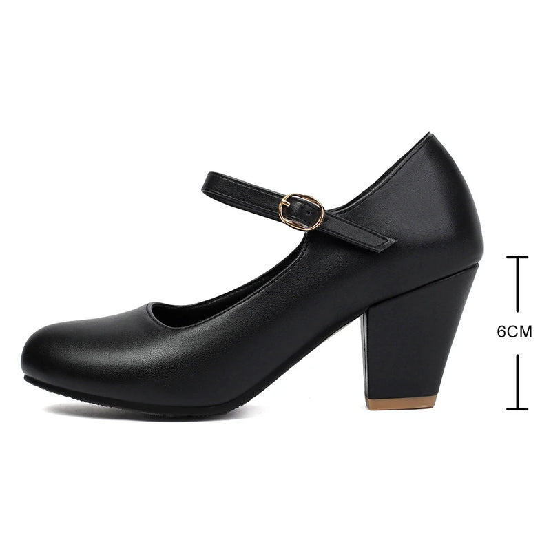 Women Buckle 6cm Tapered Heel Pumps Party Uniform Dress Wedding Shoe Ladies Comfortable