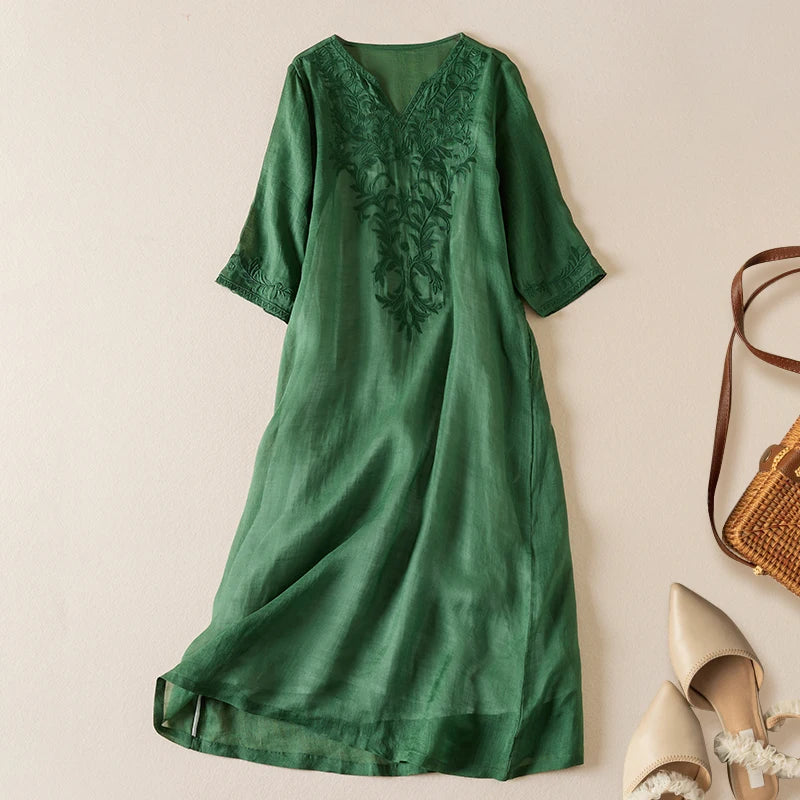 Women Dresses Loose V-neck Clothing Short Sleeve Summer Embroidery Empire Dress