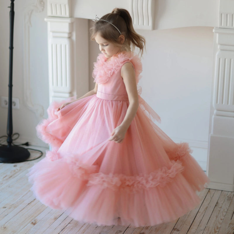 Elegant Girls Big Bow Dresses Fluffy Pink Tulle Birthday Ceremony Prom Girl Clothing Kids Bridemaid Wedding V-Neck Dress