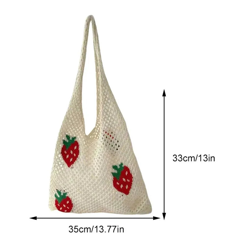 Women Large Capacity Shoulder Bag Stylish Strawberry Pattern Crochet Tote Bag All-Match Bag Cute Fanny Pack Knitting Bag