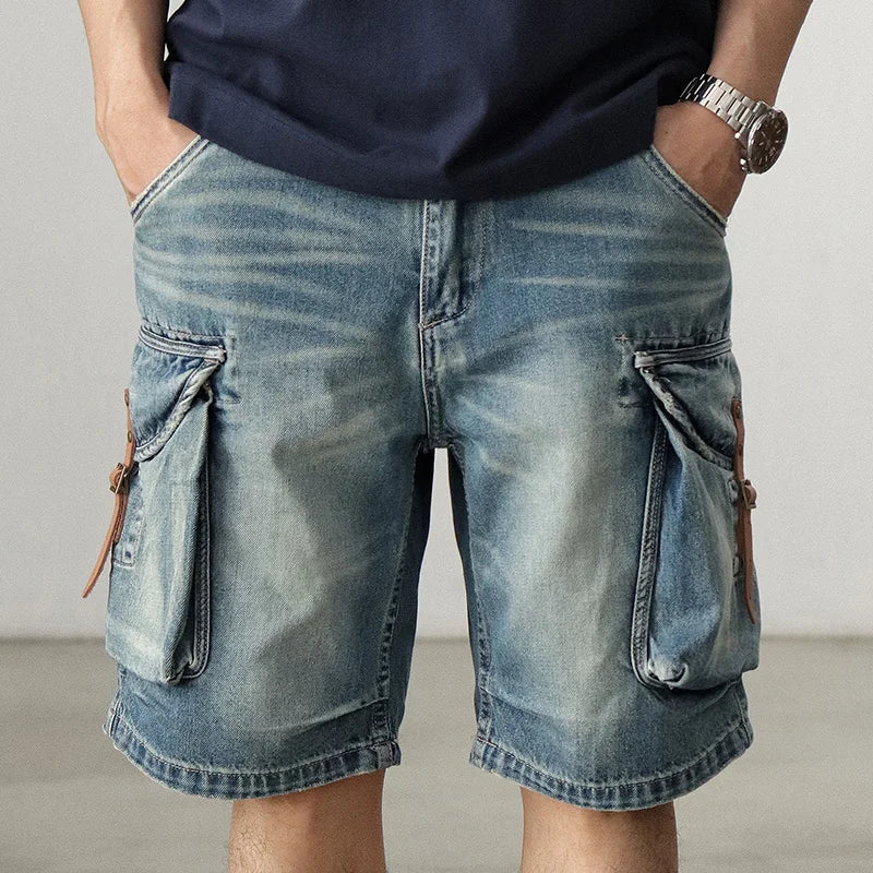 Retro straight wash denim shorts for men