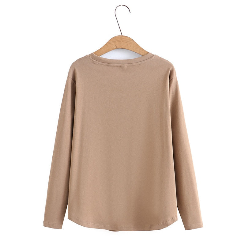 Women Spring Simple Hem Two Side Pleated O-Neck Tees Long Sleeve Tops Oversized Curve Clothes