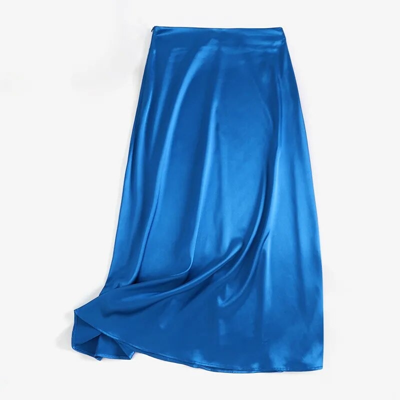 Elegant Women Party Satin Skirts Summer High Waist Solid Midi Skirt Female Holiday Work