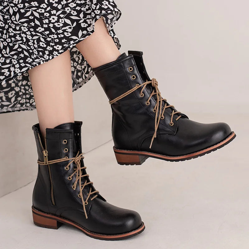 Motorcycle Boots Shoes Woman Lace-up Autumn Winter Ankle Riding Boot