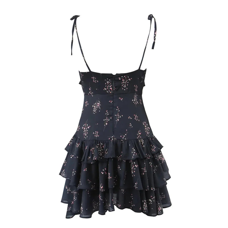 Holiday wind Flower Tiered Ruffles Sling Dresses Women Backless Fairy Mini Dress